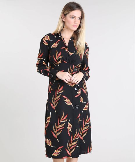 Vestido-Feminino-Midi-Estampado-de-Folhagens-com-Botoes-Manga-Longa--Preto-9426280-Preto_1