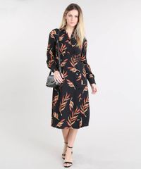 Vestido-Feminino-Midi-Estampado-de-Folhagens-com-Botoes-Manga-Longa--Preto-9426280-Preto_3