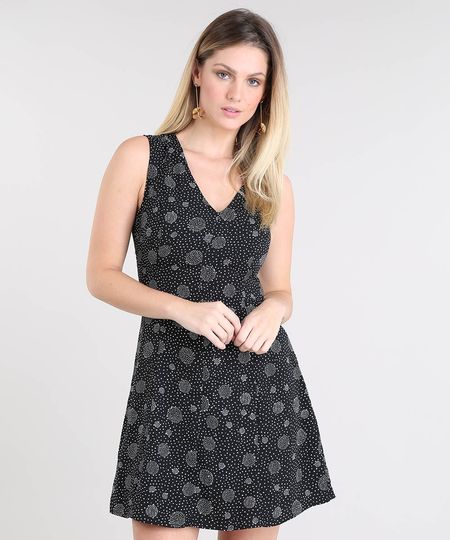 Vestido Feminino Evasê Estampado de Poá Alça Larga Preto