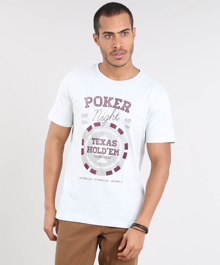 Camiseta Masculina "Poker Night" Manga Curta Gola Careca Cinza Mescla Claro Menor preço em Camiseta Masculina "Poker Night" Manga Curta Gola Careca Cinza Mescla Claro