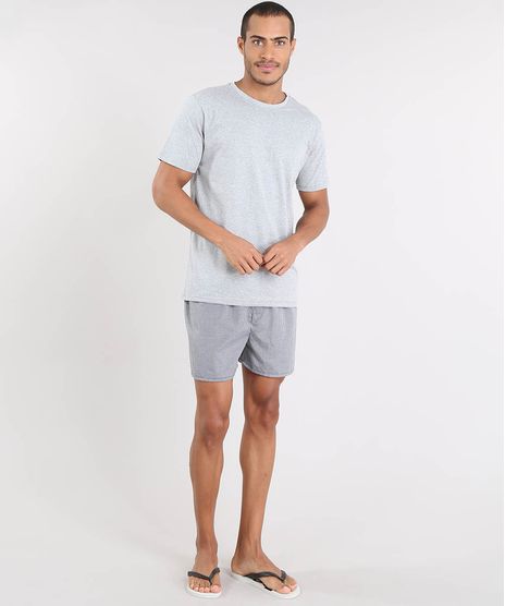 Pijama-Masculino-com-Camiseta-Manga-Curta---Samba-Cancao-Estampada-Xadrez-Cinza-Mescla-9478936-Cinza_Mescla_1