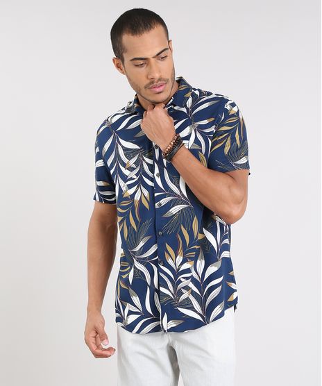 Camisa-Masculina-Estampada-de-Folhagem-Manga-Curta-Azul-Marinho-9448223-Azul_Marinho_1