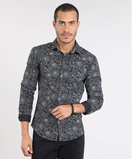 Camisa-Masculina-Slim-Estampada-Floral-Manga-Longa-Preta-9372491-Preto_1