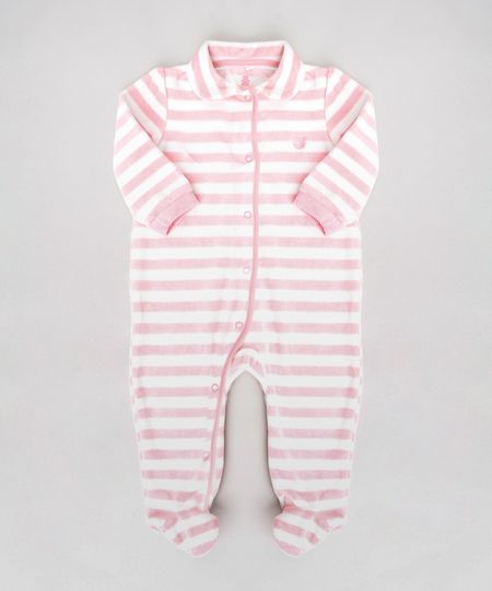 Macacão Infantil Listrado em Plush com Pezinho Manga Longa Rosa Escuro Menor preço em Macacão Infantil Listrado em Plush com Pezinho Manga Longa Rosa Escuro
