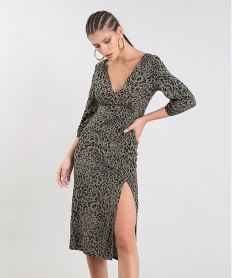 Vestido-Feminino-Midi-Estampado-Animal-Print-com-Fenda-Manga-3-4-Verde-Militar-9440638-Verde_Militar_1