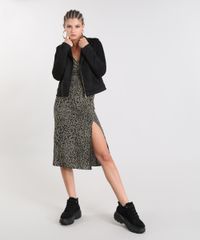 Vestido-Feminino-Midi-Estampado-Animal-Print-com-Fenda-Manga-3-4-Verde-Militar-9440638-Verde_Militar_3