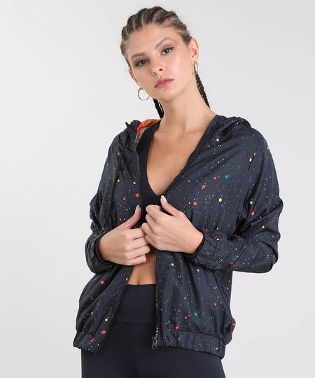 Jaqueta Corta Vento Feminina Esportiva Ace Estampada Colorida Preta Menor preço em Jaqueta Corta Vento Feminina Esportiva Ace Estampada Colorida Preta