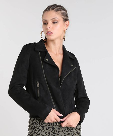 Jaqueta Feminina Biker em Suede Preta Menor preço em Jaqueta Feminina Biker em Suede Preta