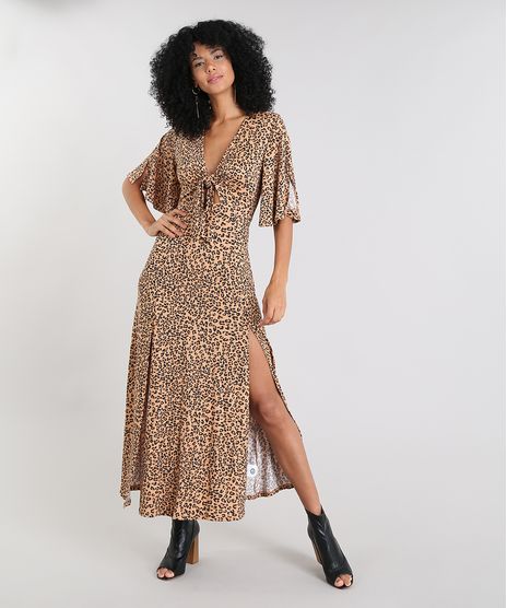 Vestido-Feminino-Longo-Estampado-Animal-Print-com-Amarracao-Manga-Curta-Bege-9518606-Bege_1