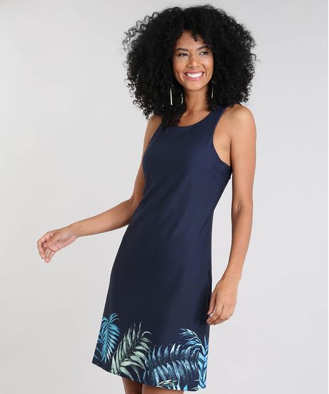 Vestido-Feminino-Curto-com-Estampa-de-Folhagem-Sem-Manga-Azul-Marinho-9504679-Azul_Marinho_1