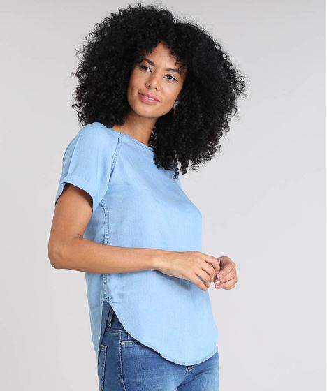 Blusa Jeans Feminina Manga Curta Decote Redondo Azul Claro Cea