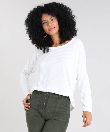 Blusa Feminina Ampla Canelada Manga Longa Decote Redondo Branca Menor preço em Blusa Feminina Ampla Canelada Manga Longa Decote Redondo Branca