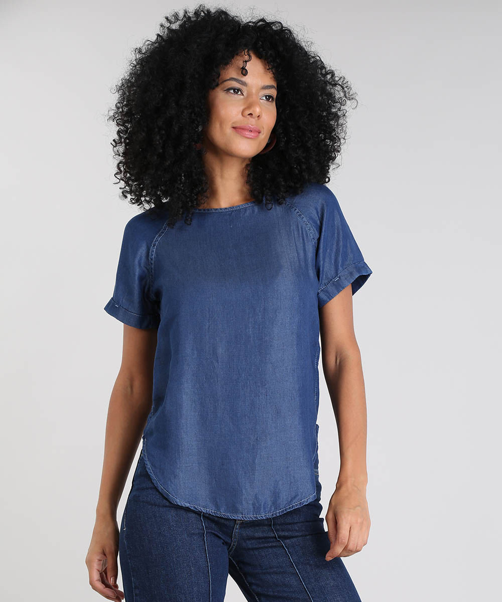 Blusa Jeans Feminina Manga Curta Decote Redondo Azul Escuro Cea
