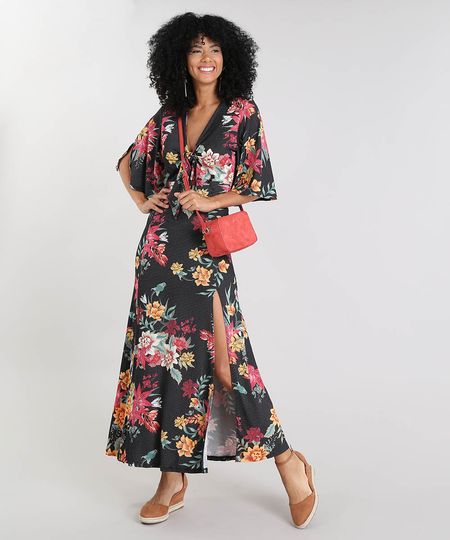 vestido longo estampado com manga curta