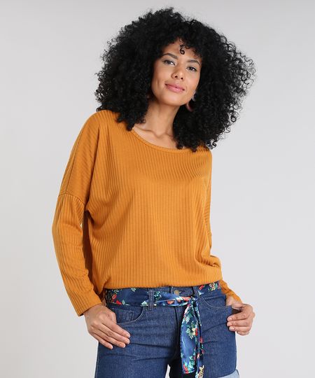 Blusa Feminina Ampla Canelada Manga Longa Mostarda Menor preço em Blusa Feminina Ampla Canelada Manga Longa Mostarda