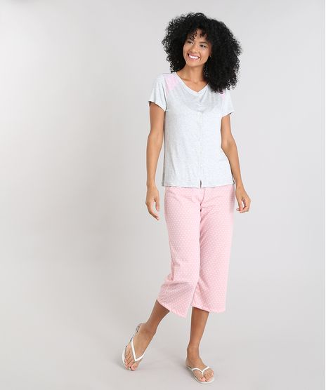 Pijama-Feminino-com-Estampa-de-Poa-e-Renda-Manga-Curta-Cinza-Mescla-9505370-Cinza_Mescla_1
