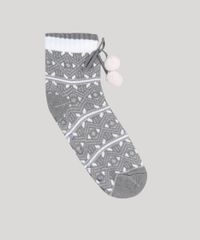 Meia-Feminina-de-Inverno-em-Trico-Estampada-Etnica-com-Pelo-e-Pompom-Cinza-9392535-Cinza_1