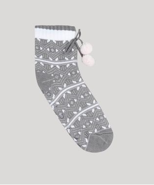 Meia-Feminina-de-Inverno-em-Trico-Estampada-Etnica-com-Pelo-e-Pompom-Cinza-9392535-Cinza_1