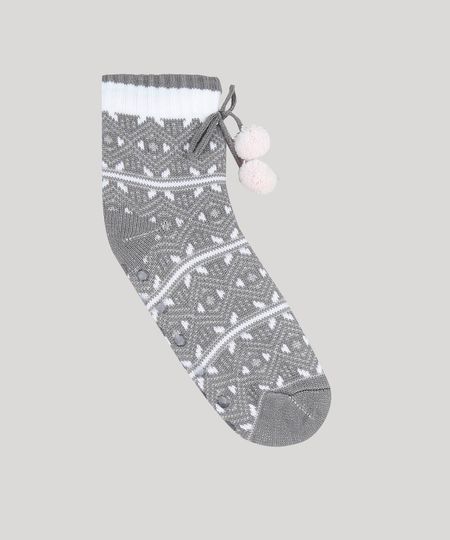 Meia-Feminina-de-Inverno-em-Trico-Estampada-Etnica-com-Pelo-e-Pompom-Cinza-9392535-Cinza_1