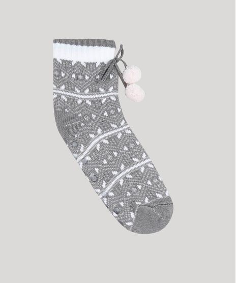 Meia-Feminina-de-Inverno-em-Trico-Estampada-Etnica-com-Pelo-e-Pompom-Cinza-9392535-Cinza_1