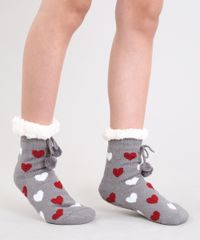 Meia-Feminina-de-Inverno-em-Trico-Estampada-de-Coracao-com-Pelo-e-Pompom-Cinza-9392530-Cinza_2