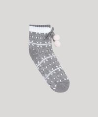 Meia-Feminina-de-Inverno-em-Trico-Estampada-Etnica-com-Pelo-e-Pompom-Cinza-9392534-Cinza_1