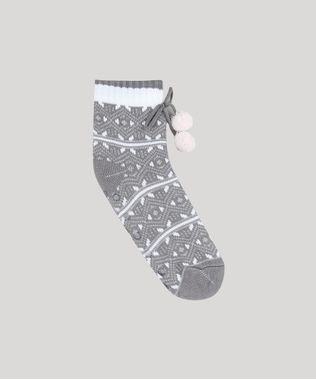 Meia-Feminina-de-Inverno-em-Trico-Estampada-Etnica-com-Pelo-e-Pompom-Cinza-9392534-Cinza_1