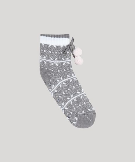 Meia-Feminina-de-Inverno-em-Trico-Estampada-Etnica-com-Pelo-e-Pompom-Cinza-9392534-Cinza_1