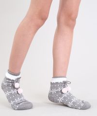 Meia-Feminina-de-Inverno-em-Trico-Estampada-Etnica-com-Pelo-e-Pompom-Cinza-9392534-Cinza_2