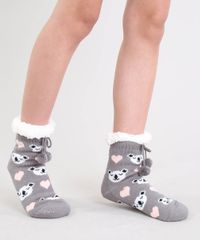 Meia-Feminina-de-Inverno-em-Trico-Estampada-de-Coala-com-Pelo-e-Pompom-Cinza-9392533-Cinza_2