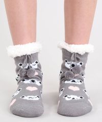 Meia-Feminina-de-Inverno-em-Trico-Estampada-de-Coala-com-Pelo-e-Pompom-Cinza-9392533-Cinza_4