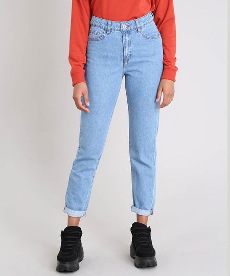 calça jeans feminina mom pants azul médio