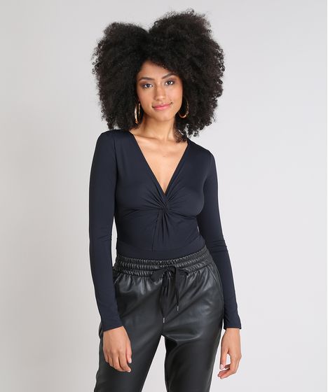 Body Feminino Com No Manga Longa Decote V Protecao Uv50 Preto Cea
