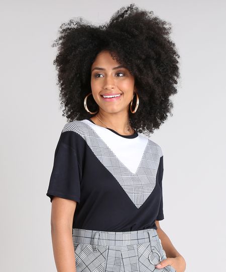 Blusa-Feminina-com-Recorte-Estampado-Xadrez-Manga-Curta-Decote-Redondo-Preta-9523976-Preto_1 Blusa-Feminina-com-Recorte-Estampado-Xadrez-Manga-Curta-Decote-Redondo-Preta-9523976-Preto_1