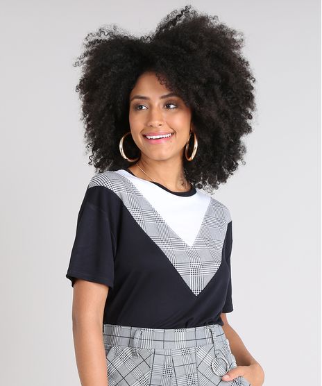 Blusa-Feminina-com-Recorte-Estampado-Xadrez-Manga-Curta-Decote-Redondo-Preta-9523976-Preto_1
