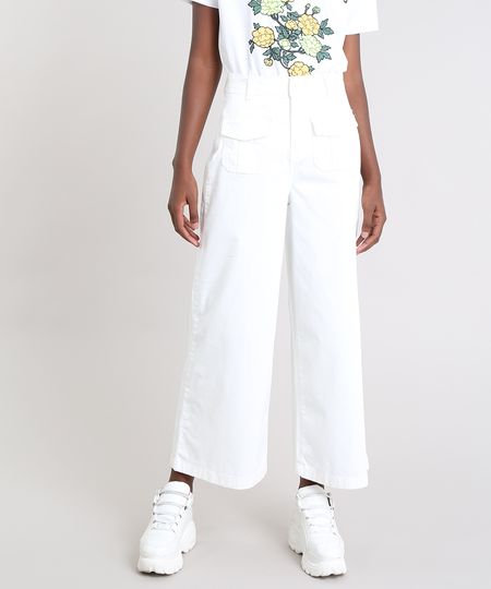 Calça Feminina Mindset Pantalona com Bolsos Off White Menor preço em Calça Feminina Mindset Pantalona com Bolsos Off White