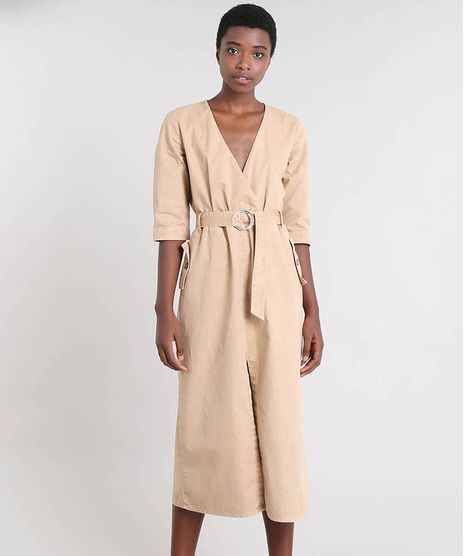 Vestido-de-Sarja-Feminino-Mindset-Midi-Transpassado-Manga-Curta-Kaki-9569905-Kaki_1