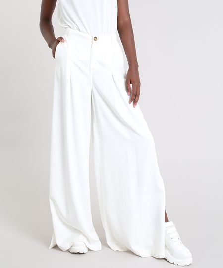 Calça Pantalona Feminina Mindset com Fendas Off White Menor preço em Calça Pantalona Feminina Mindset com Fendas Off White