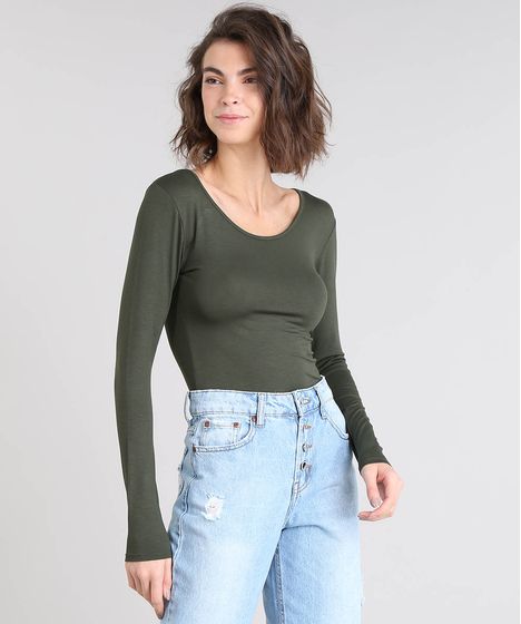 Blusa Feminina Basica Manga Longa Decote Redondo Verde Militar Cea