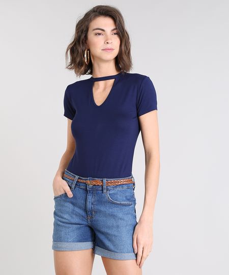 Blusa Feminina Choker Básica Manga Curta Decote Redondo Azul Marinho Menor preço em Blusa Feminina Choker Básica Manga Curta Decote Redondo Azul Marinho