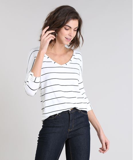 Blusa-Feminina-Listrada-Manga-3-4-com-Barra-Dobrada-Off-White-9170899-Off_White_1