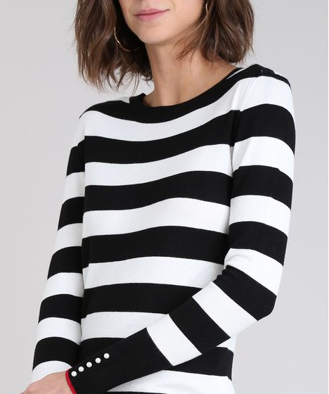 Sueter Feminino Em Trico Listrada Manga Longa Branca Cea