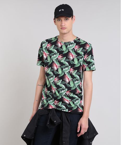 Camiseta-Masculina-Estampada-Tropical-Manga-Curta-Gola-Careca-Preta-9472822-Preto_1