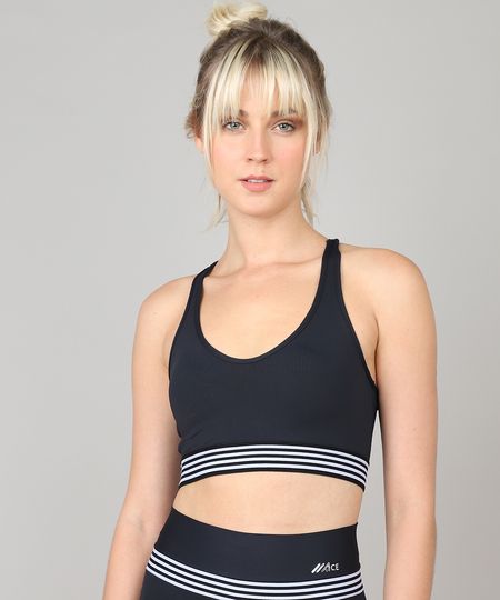 Top Feminino Esportivo Ace Nadador com Bojo Removível e Listras Preto Menor preço em Top Feminino Esportivo Ace Nadador com Bojo Removível e Listras Preto