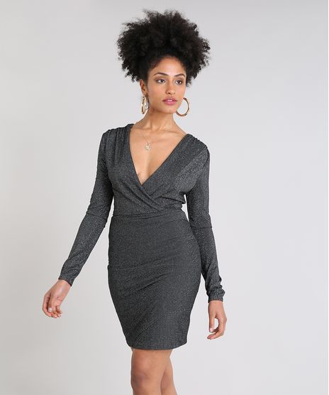 Vestido-Feminino-Curto-Transpassado-com-Lurex-Manga-Longa-Preto-9509517-Preto_1
