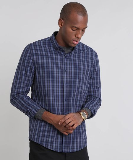 Camisa Masculina Comfort Estampada Xadrez Manga Longa Azul Marinho Menor preço em Camisa Masculina Comfort Estampada Xadrez Manga Longa Azul Marinho