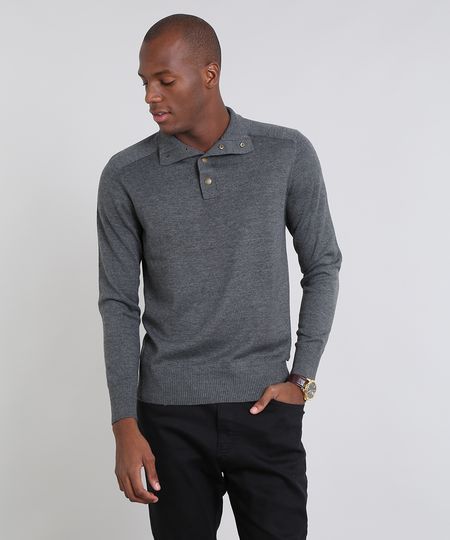 Suéter Masculino Comfort Fit em Tricô Gola Alta Cinza Mescla Menor preço em Suéter Masculino Comfort Fit em Tricô Gola Alta Cinza Mescla