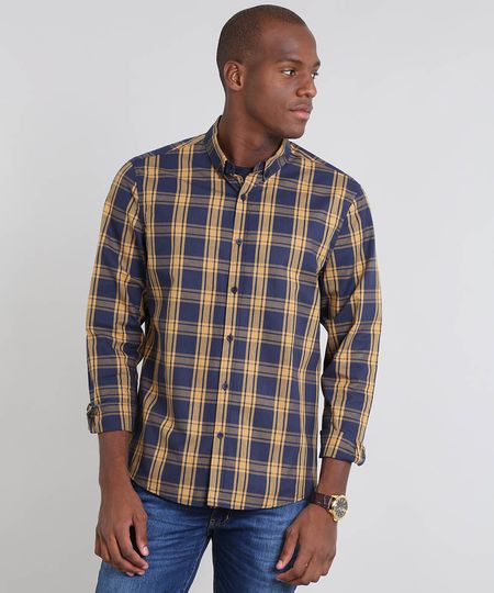 Camisa Masculina Comfort Estampada Xadrez Manga Longa Azul Marinho Menor preço em Camisa Masculina Comfort Estampada Xadrez Manga Longa Azul Marinho