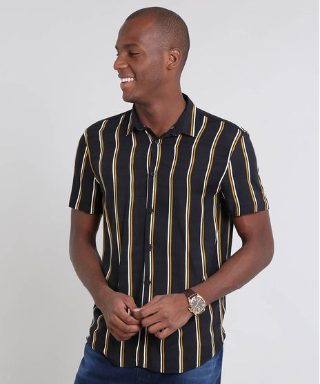 Camisa-Masculina-Relaxed-Listrada--Manga-Curta-Preta-9448227-Preto_1