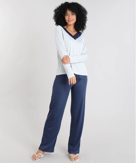 Pijama-Feminino-Estampado-de-Poa-com-Renda-Manga-Longa-Cinza-Mescla-9508007-Cinza_Mescla_1